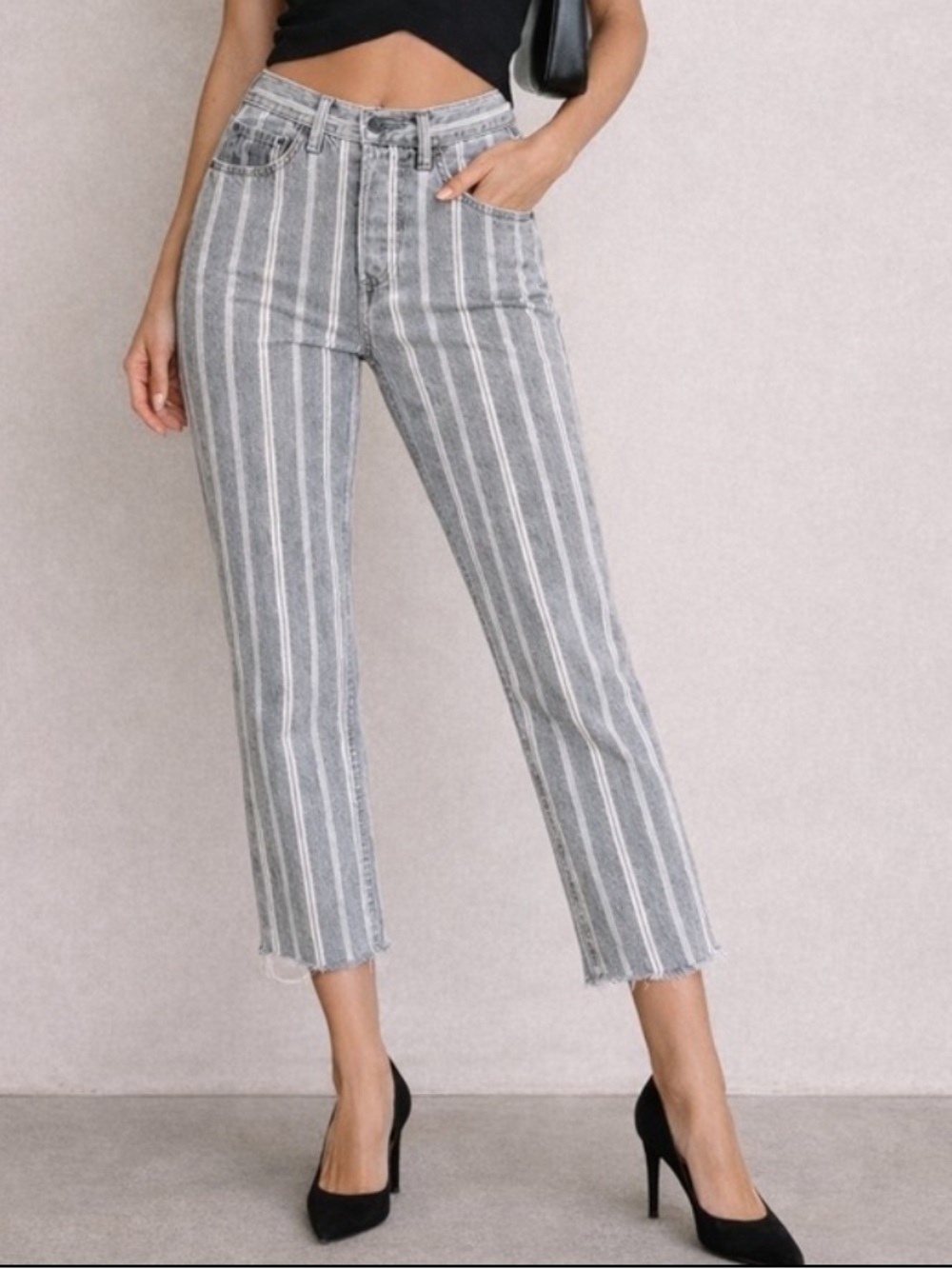 Boyish THE TOMMY high rise straight leg Crop jean 24 grey striped raw hem button